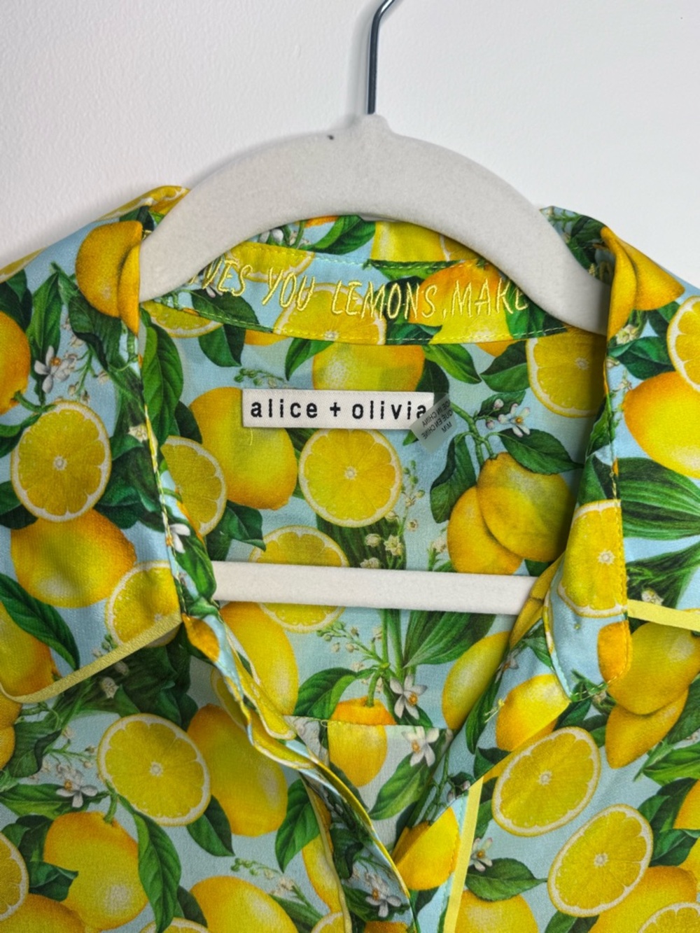 alice + olivia Lemon-Print Button-Up in Yellow, Green & Light Blue